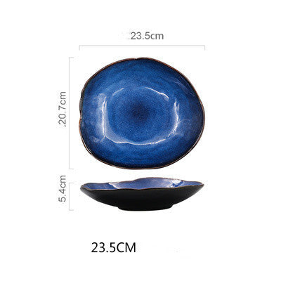 Blue ceramic dish. Irregular artistic flat plates