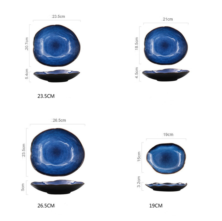 Blue ceramic dish. Irregular artistic flat plates