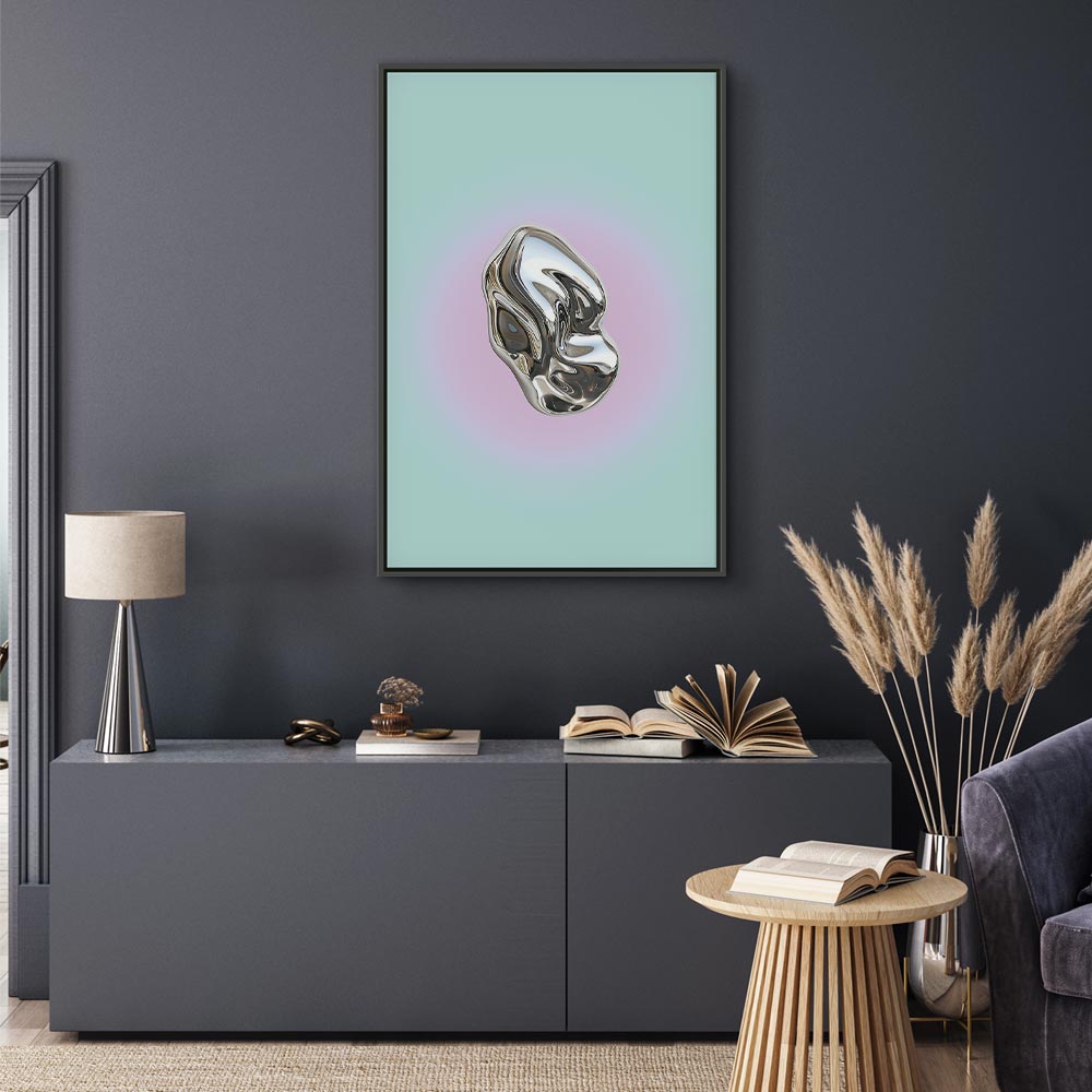 Impresión en lienzo - Forma metálica - Escultura abstracta sobre fondo menta con halo púrpura