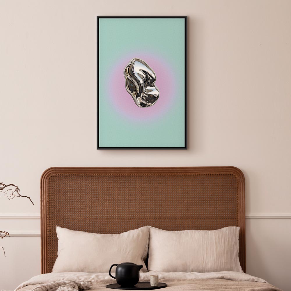 Impresión en lienzo - Forma metálica - Escultura abstracta sobre fondo menta con halo púrpura