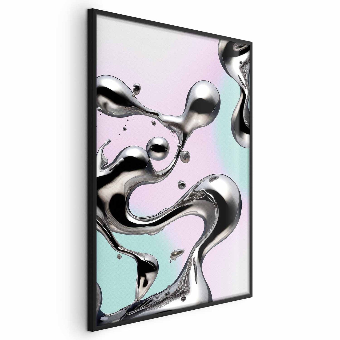 Póster - Fluidez metálica: formas abstractas plateadas sobre un fondo morado menta.