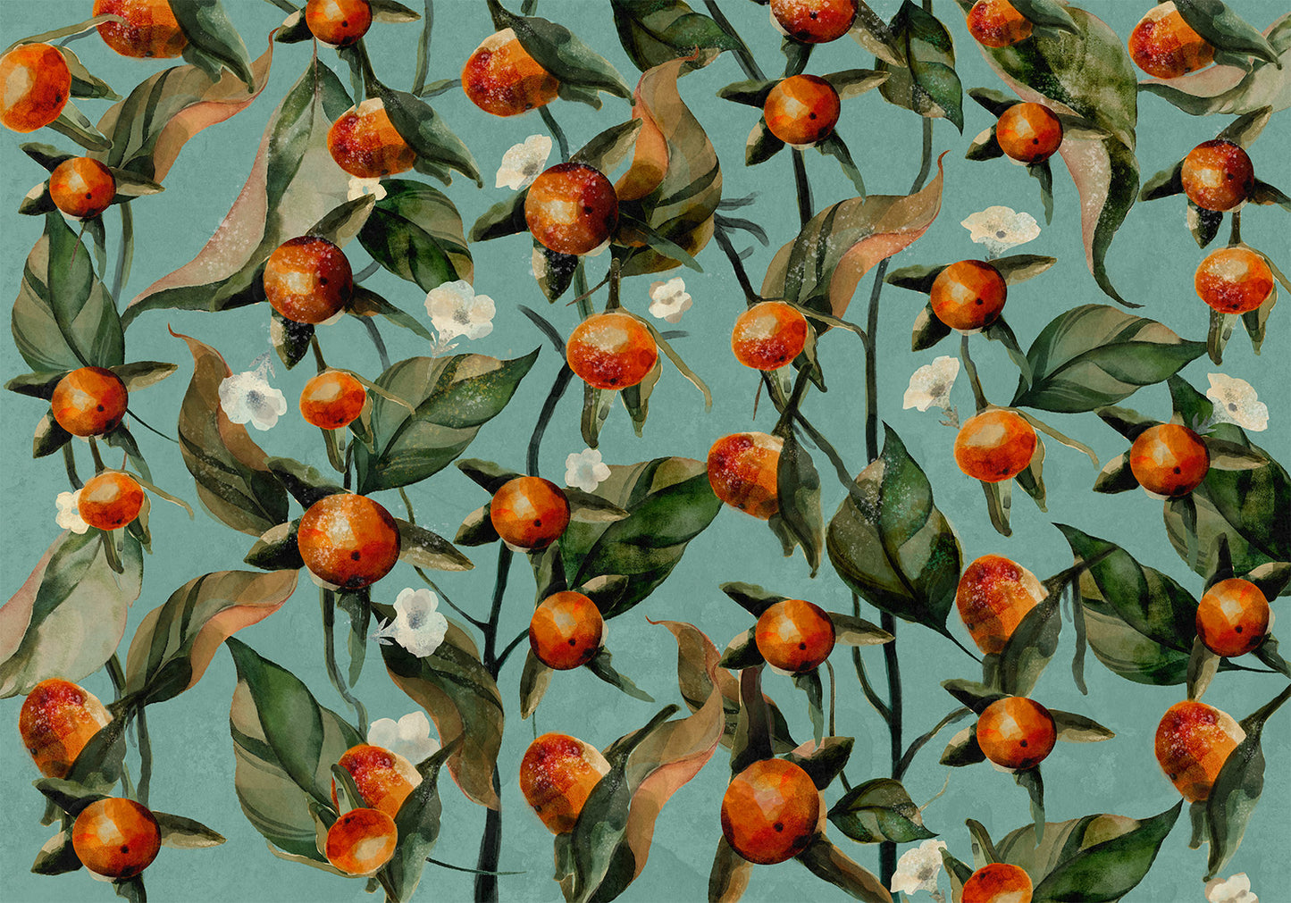 Wall Mural - Orange grove - plant motif with fruit and leaves on a blue background
