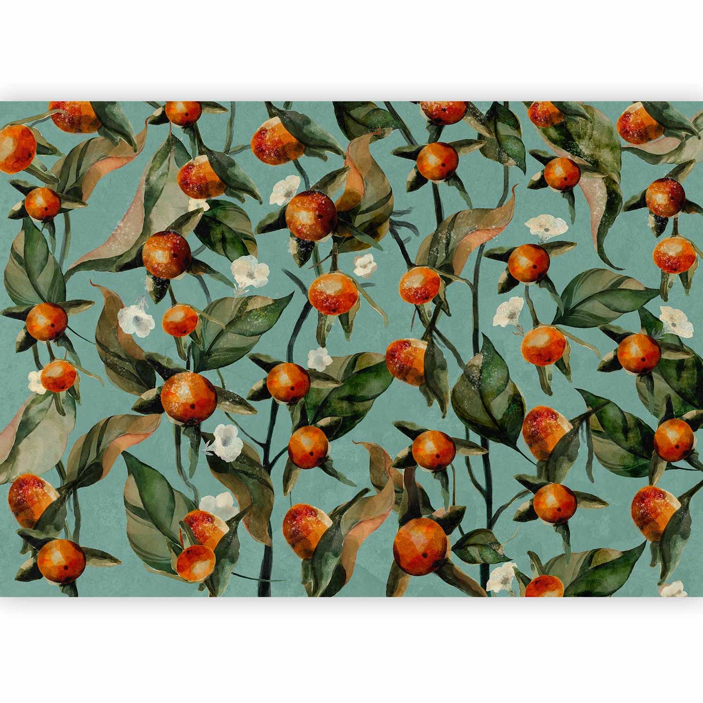 Wall Mural - Orange grove - plant motif with fruit and leaves on a blue background