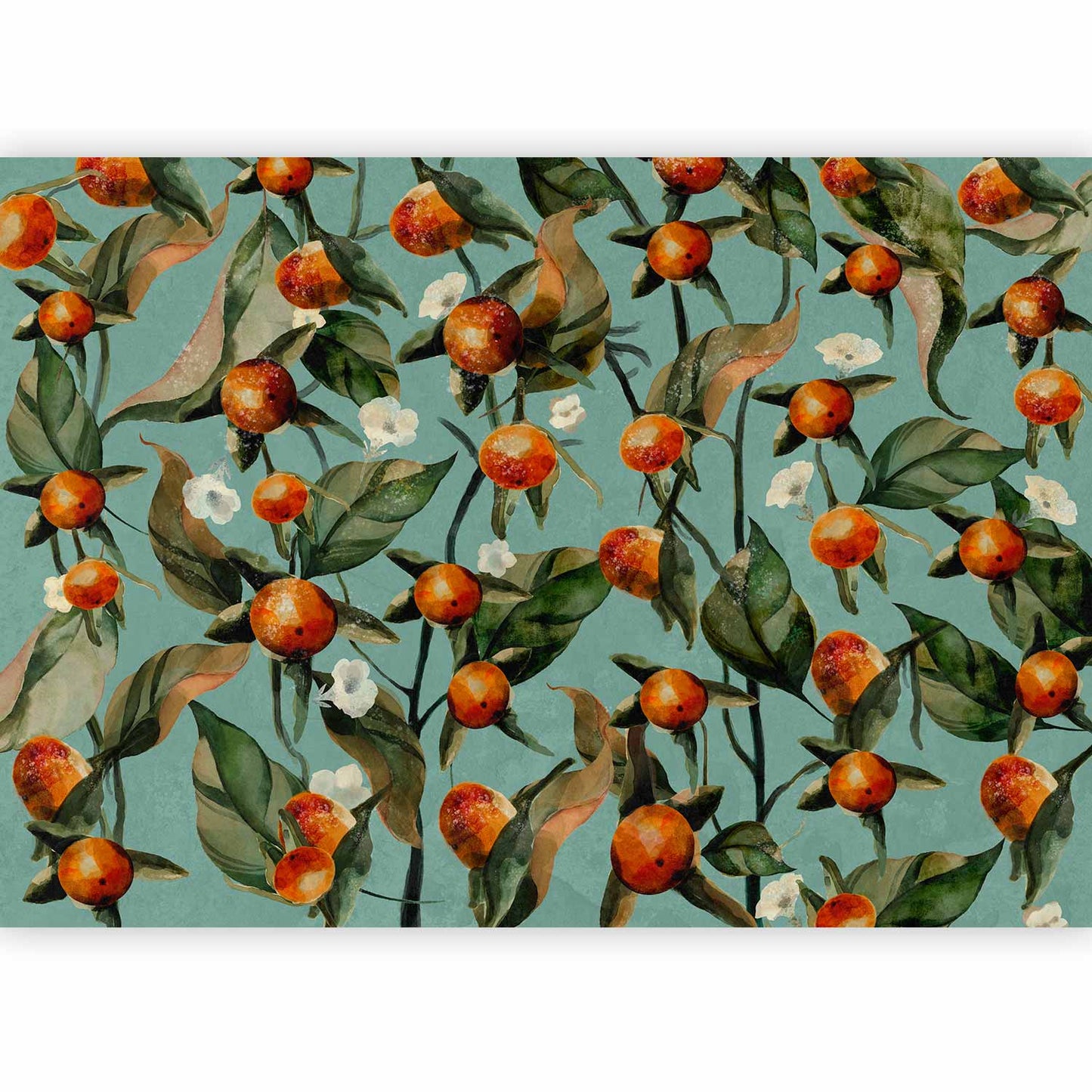 Wall Mural - Orange grove - plant motif with fruit and leaves on a blue background