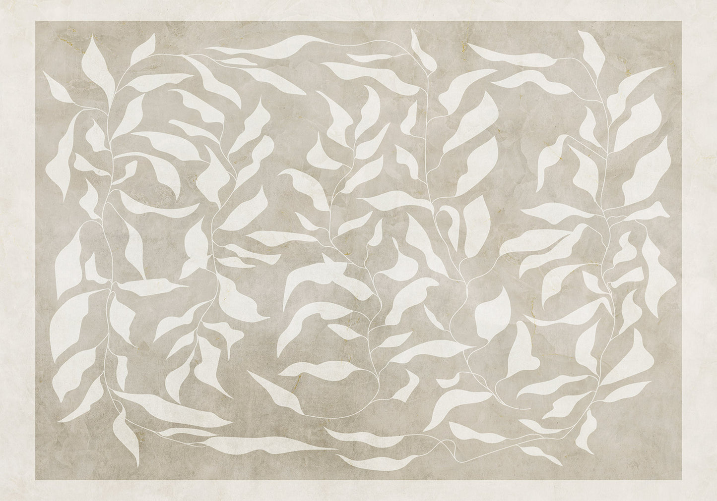 Wall Mural - White leaves - abstract plant motif on beige background with frame