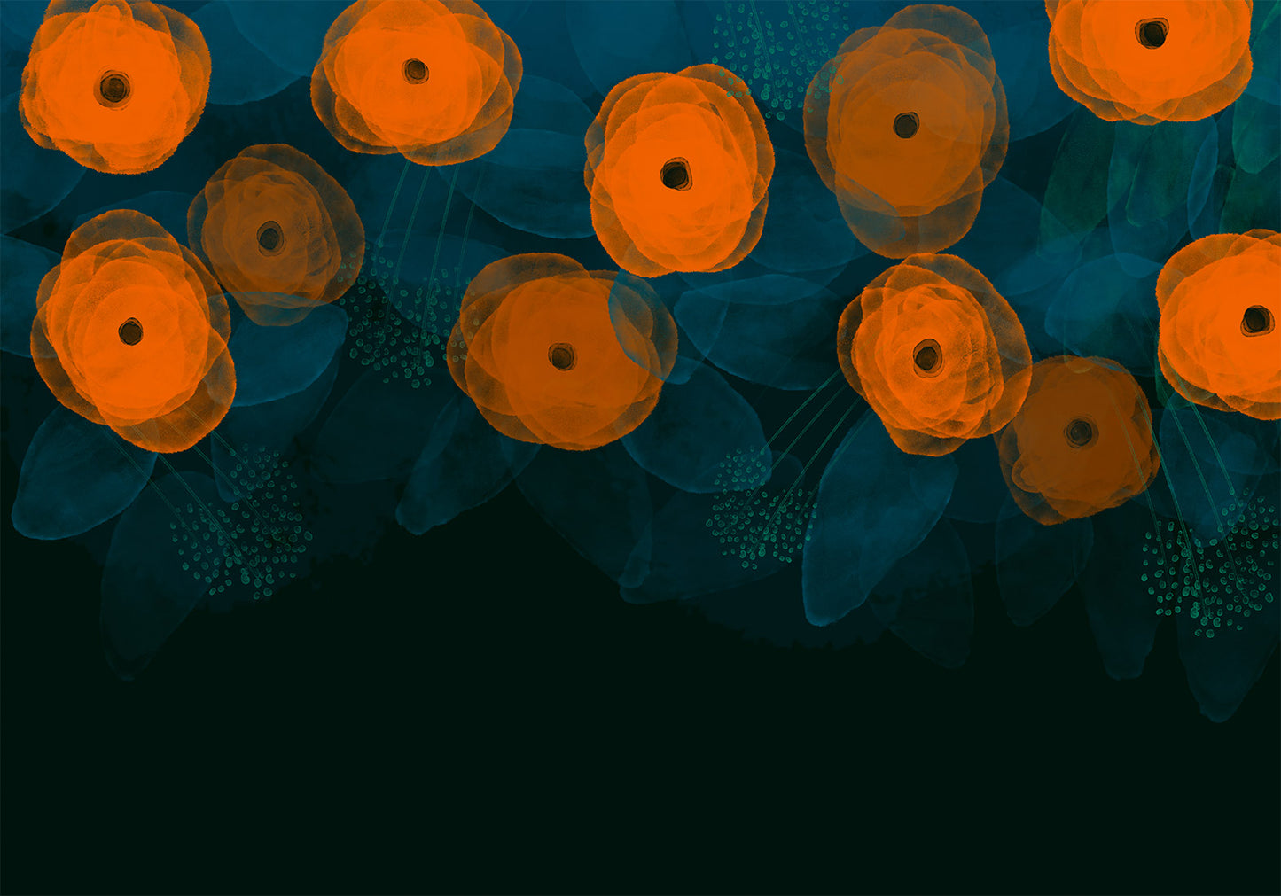 Fotomural - Composición de acuarela - Patrones naranjas sobre un delicado fondo de hojas