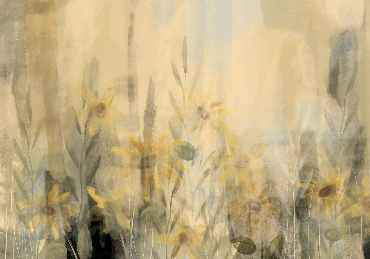 Wall Mural - A touch of summer - floral motif with a meadow full of yellow flowers and grasses