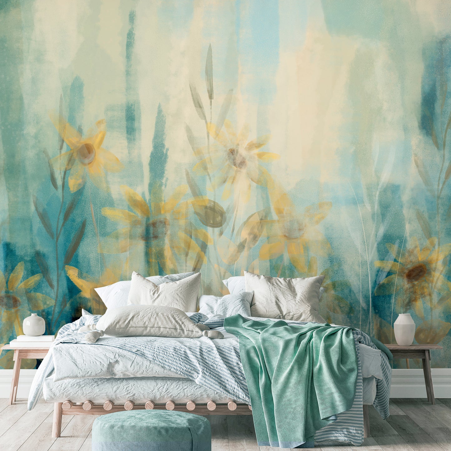 Wall Mural - A touch of summer - floral motif with a meadow of flowers in blue tones