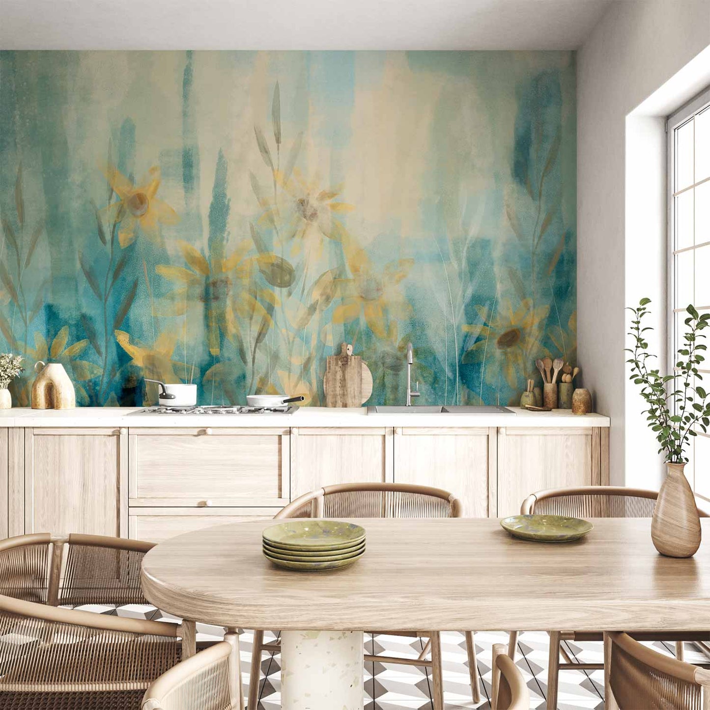 Wall Mural - A touch of summer - floral motif with a meadow of flowers in blue tones