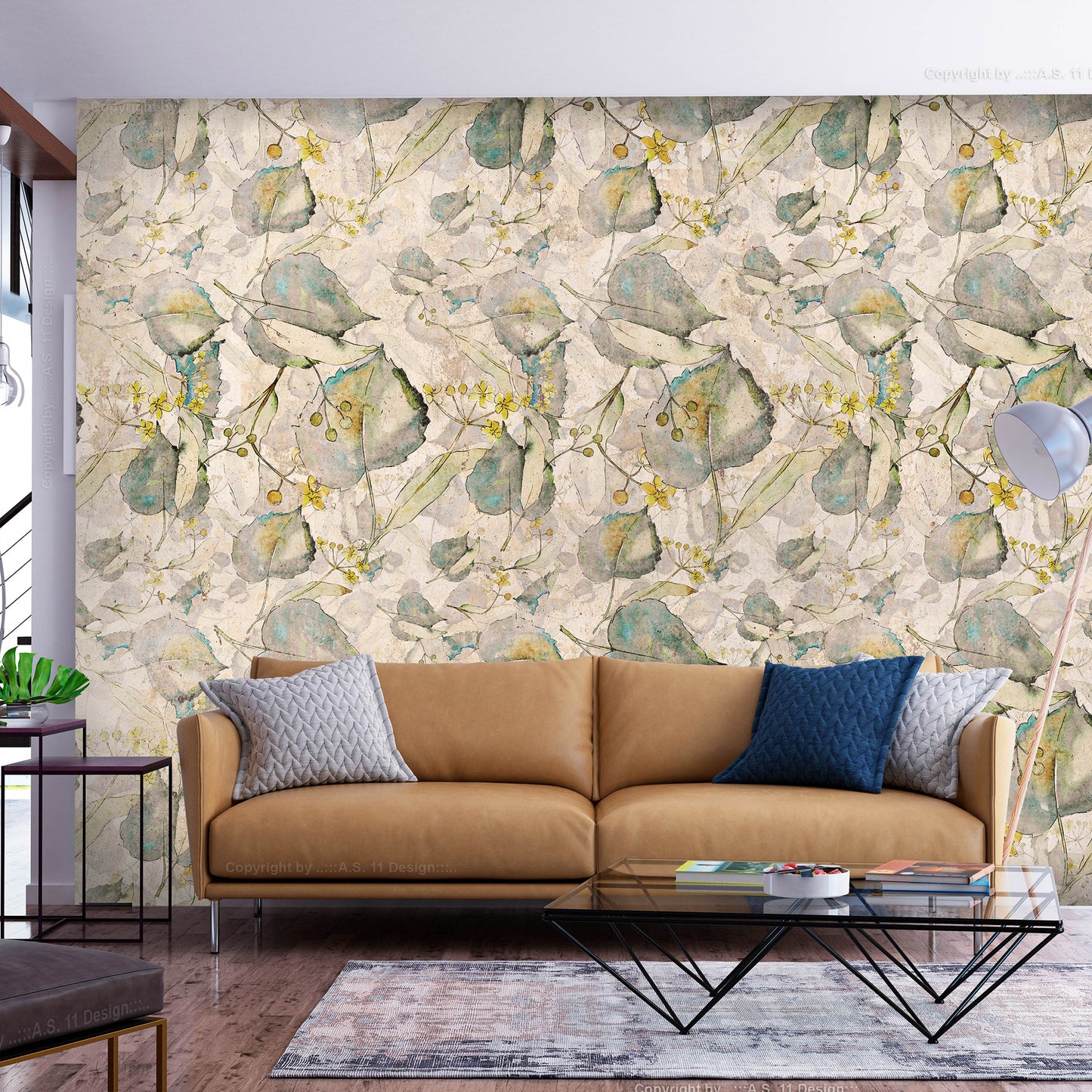 Wall Mural - Green and yellow autumn souvenirs - floral design with leaves