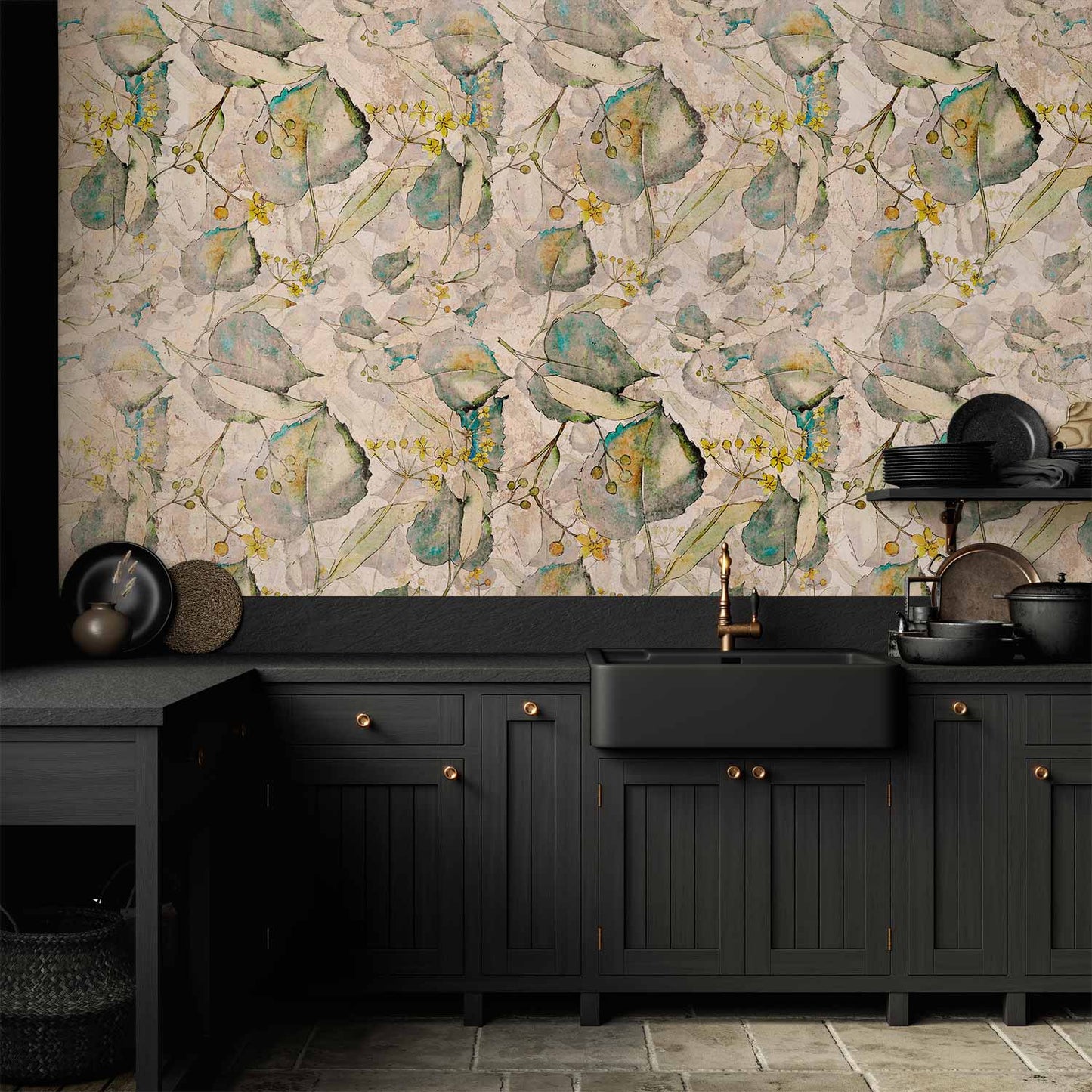 Wall Mural - Green and yellow autumn souvenirs - floral design with leaves