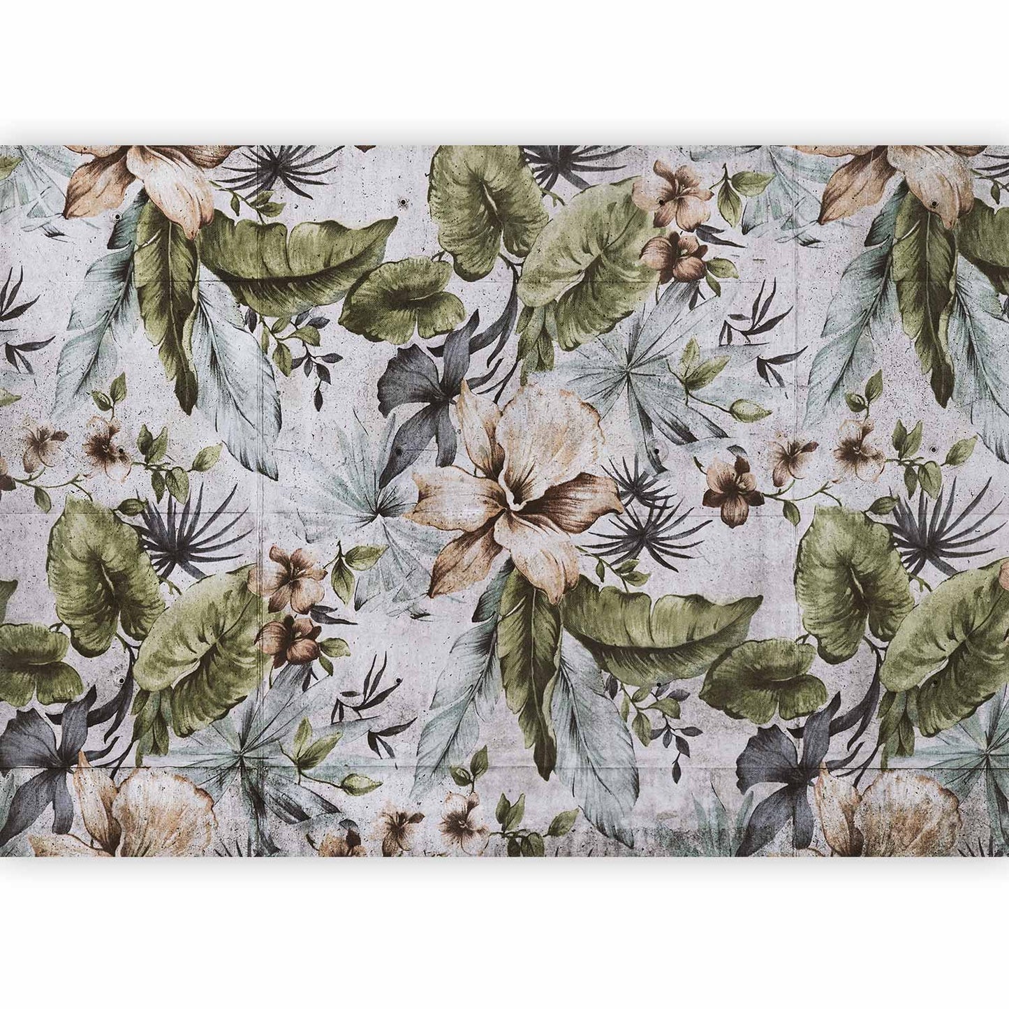 Wall Mural - Nature in retro style - jungle landscape with pale leaves and flowers