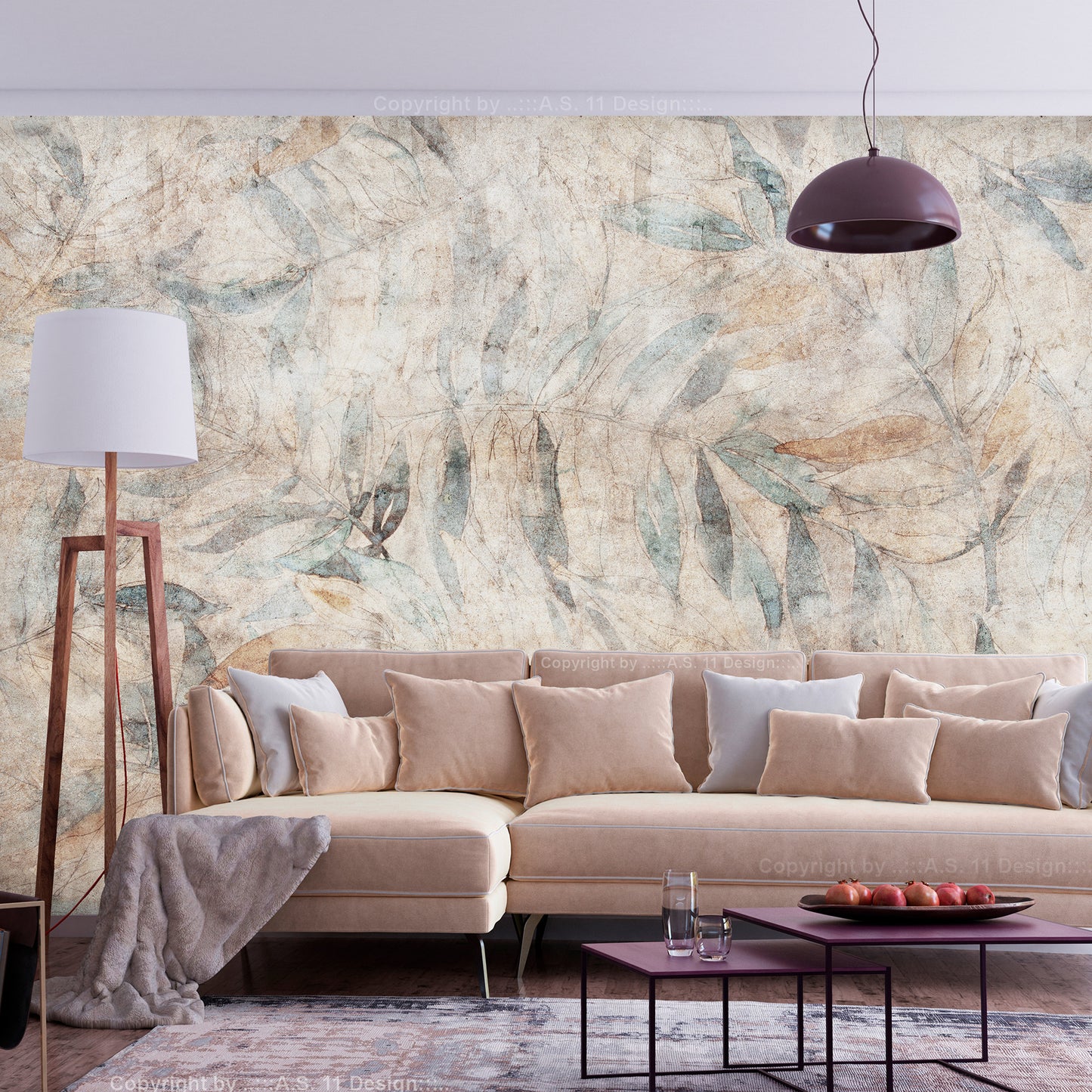 Wall Mural - Greek laurels - faded composition with leaves on a beige patterned background