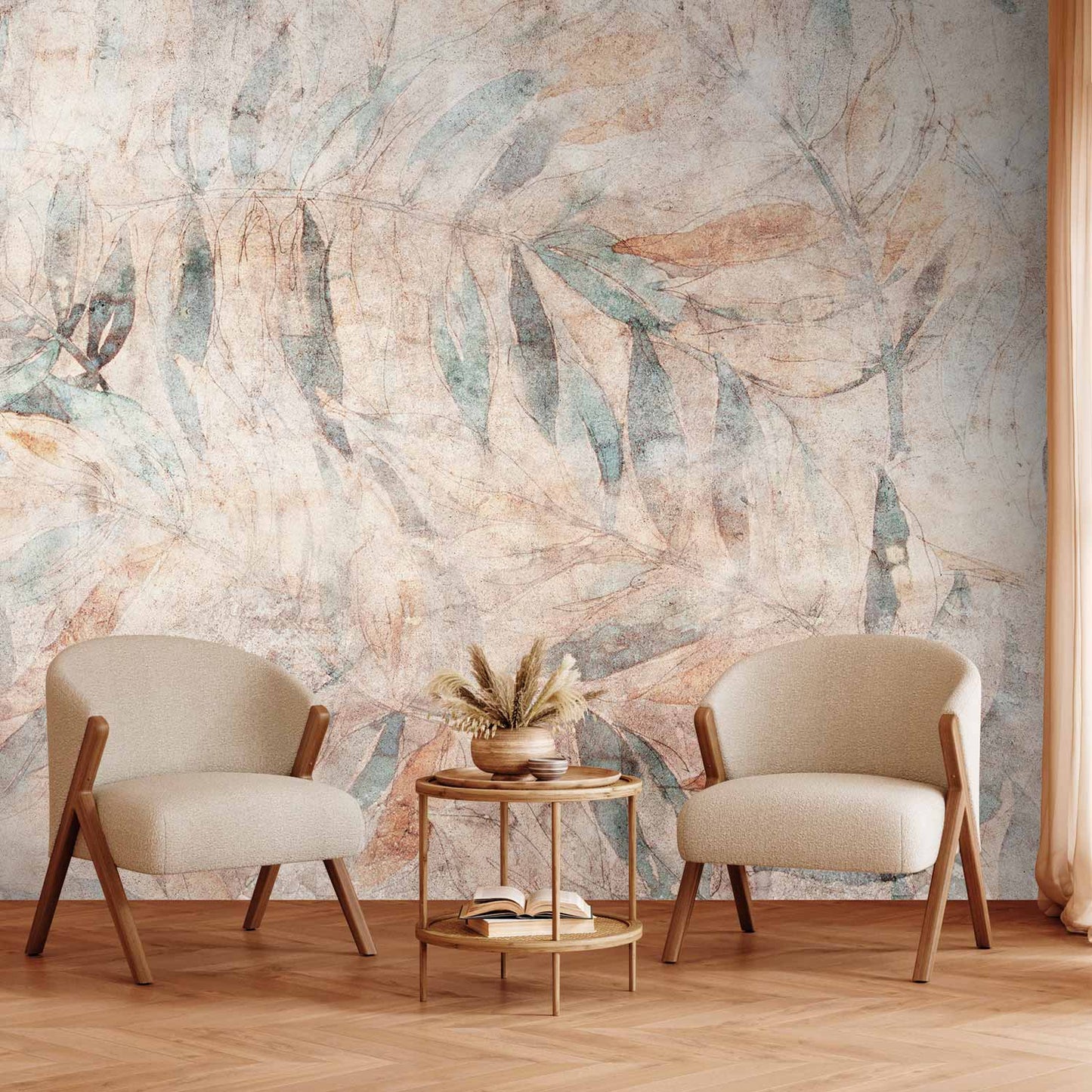 Wall Mural - Greek laurels - faded composition with leaves on a beige patterned background