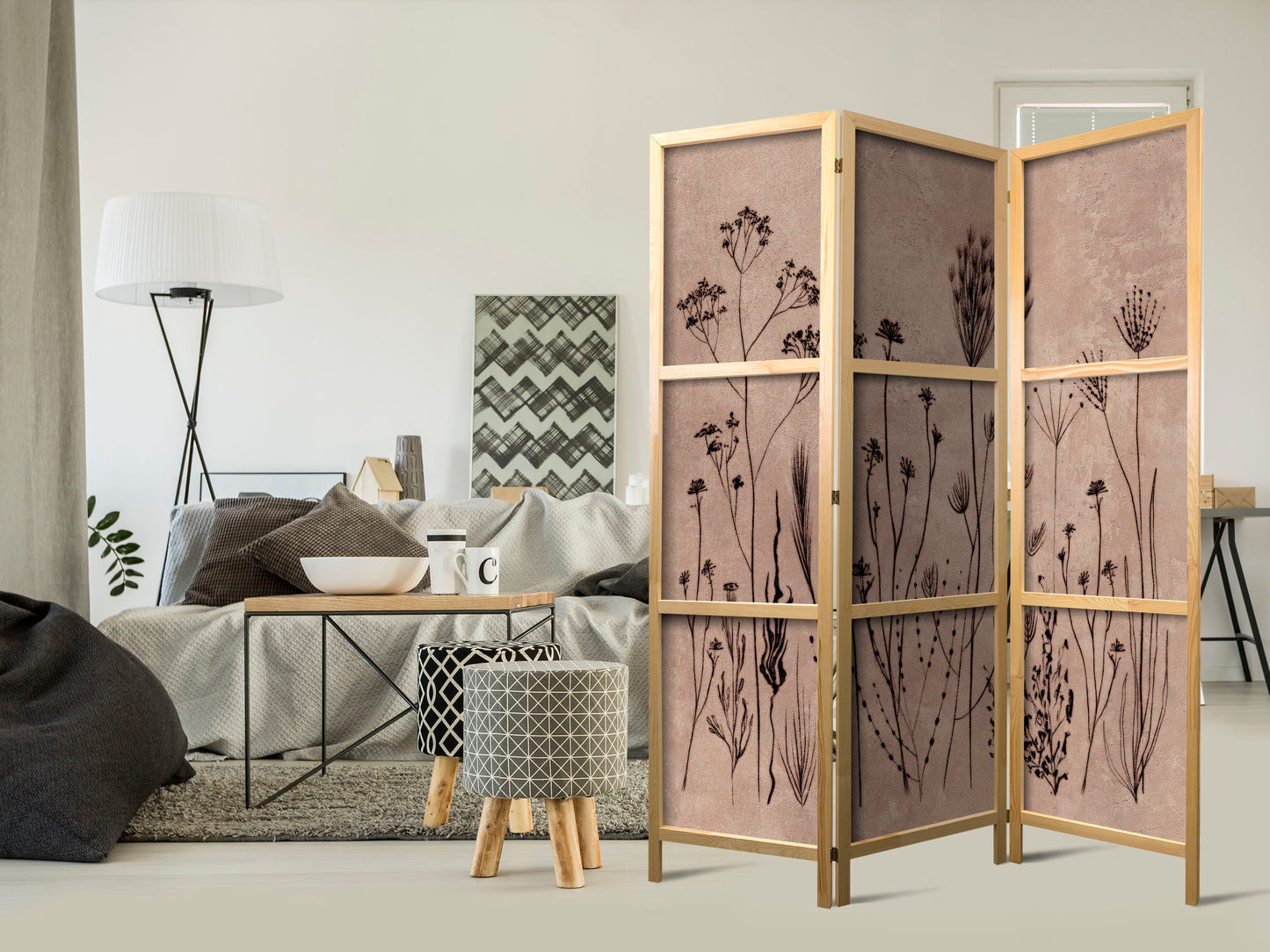 Japanese Room Divider - Plant Vintage - Delicate Field Flowers on a Background in Lime Wash Technique