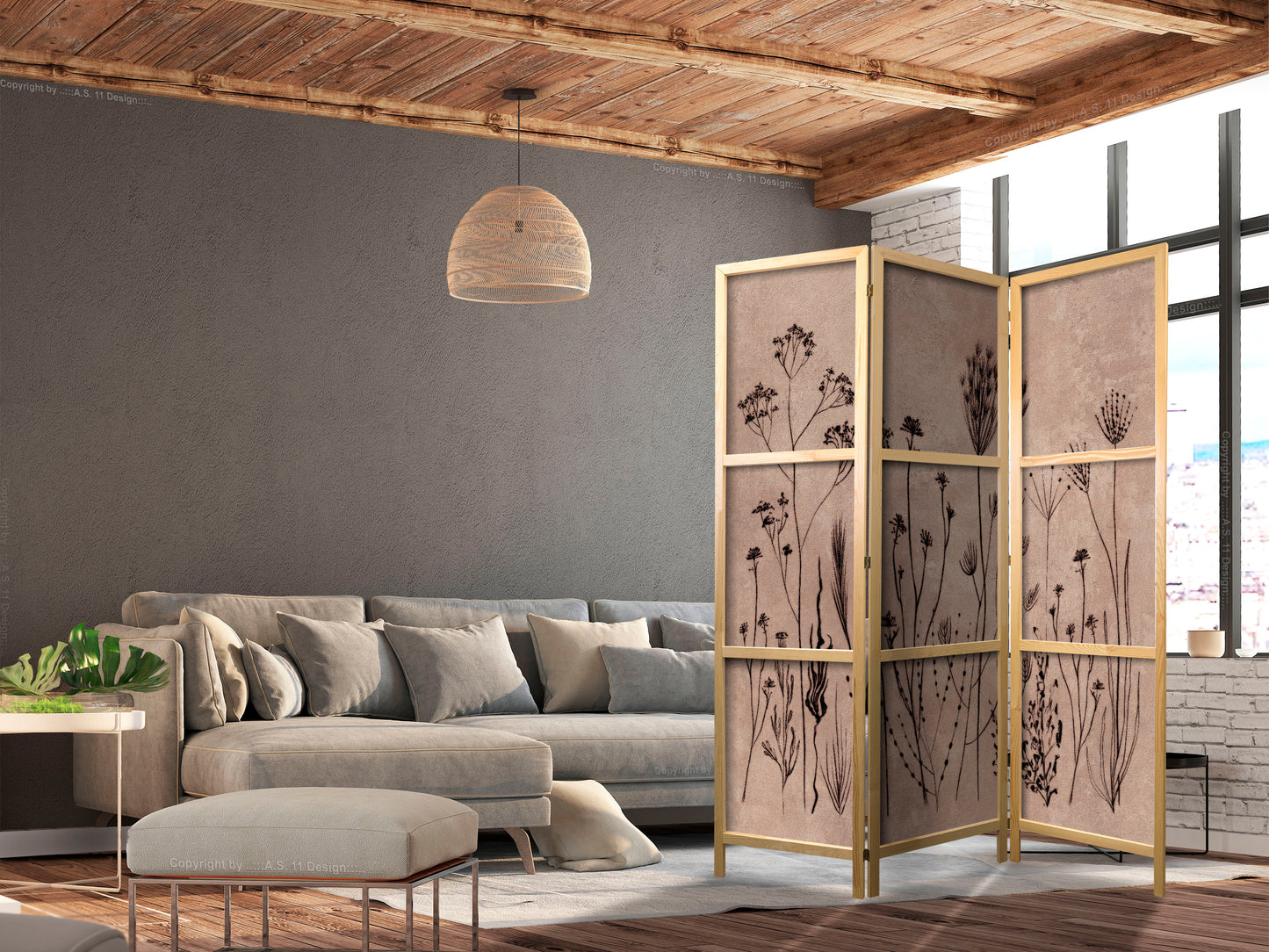 Japanese Room Divider - Plant Vintage - Delicate Field Flowers on a Background in Lime Wash Technique