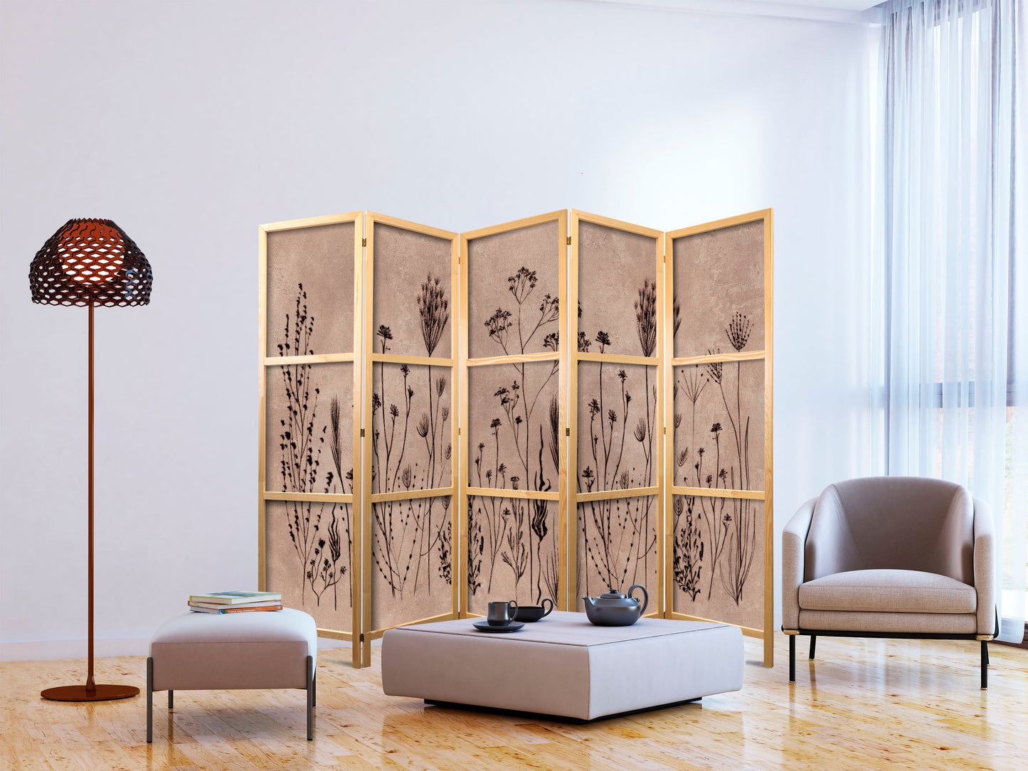 Japanese Room Divider - Plant Vintage - Delicate Field Flowers on a Background in Lime Wash Technique