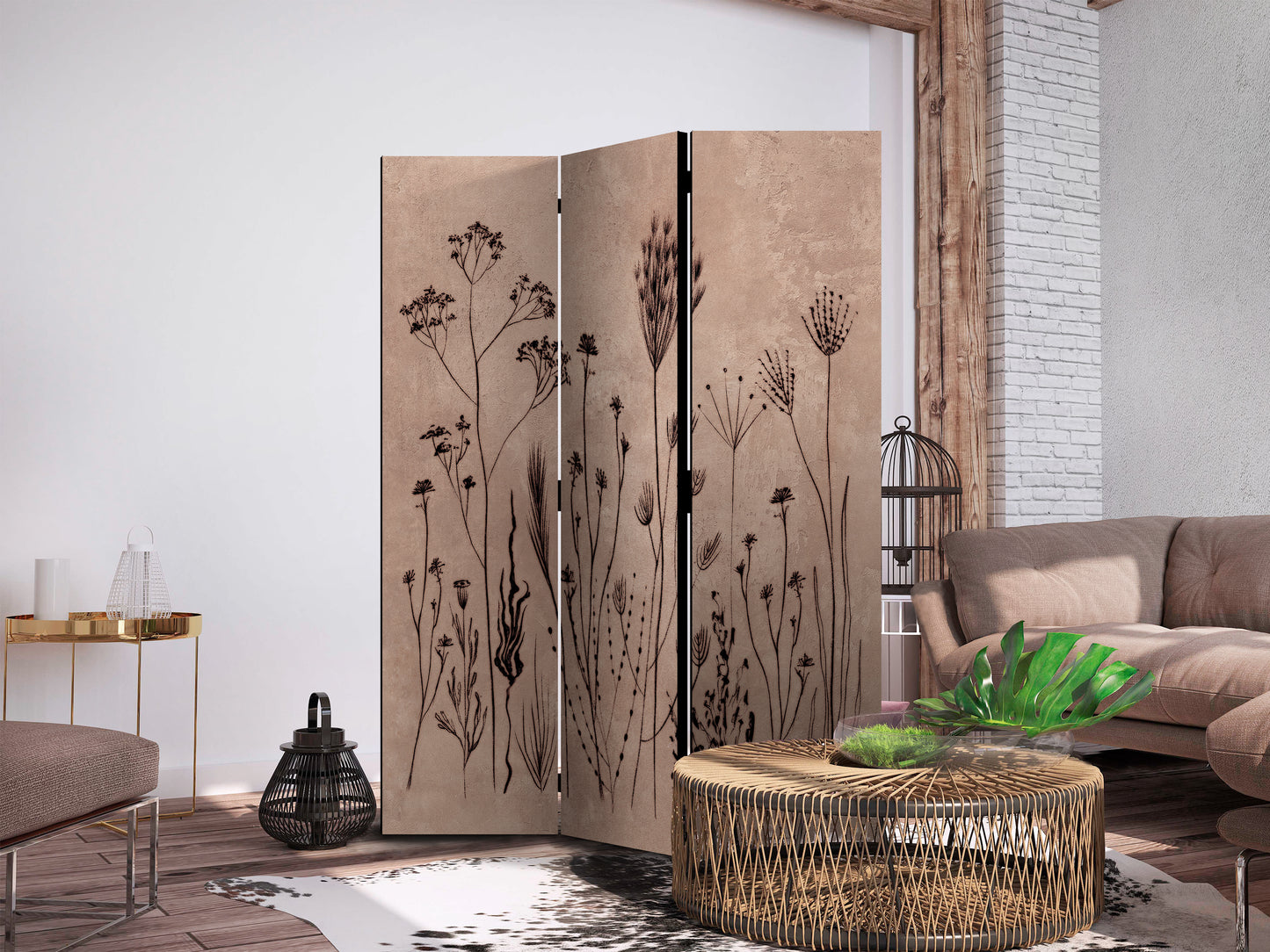 Biombo - Planta Vintage - Delicadas flores silvestres sobre fondo con técnica de lavado a la cal