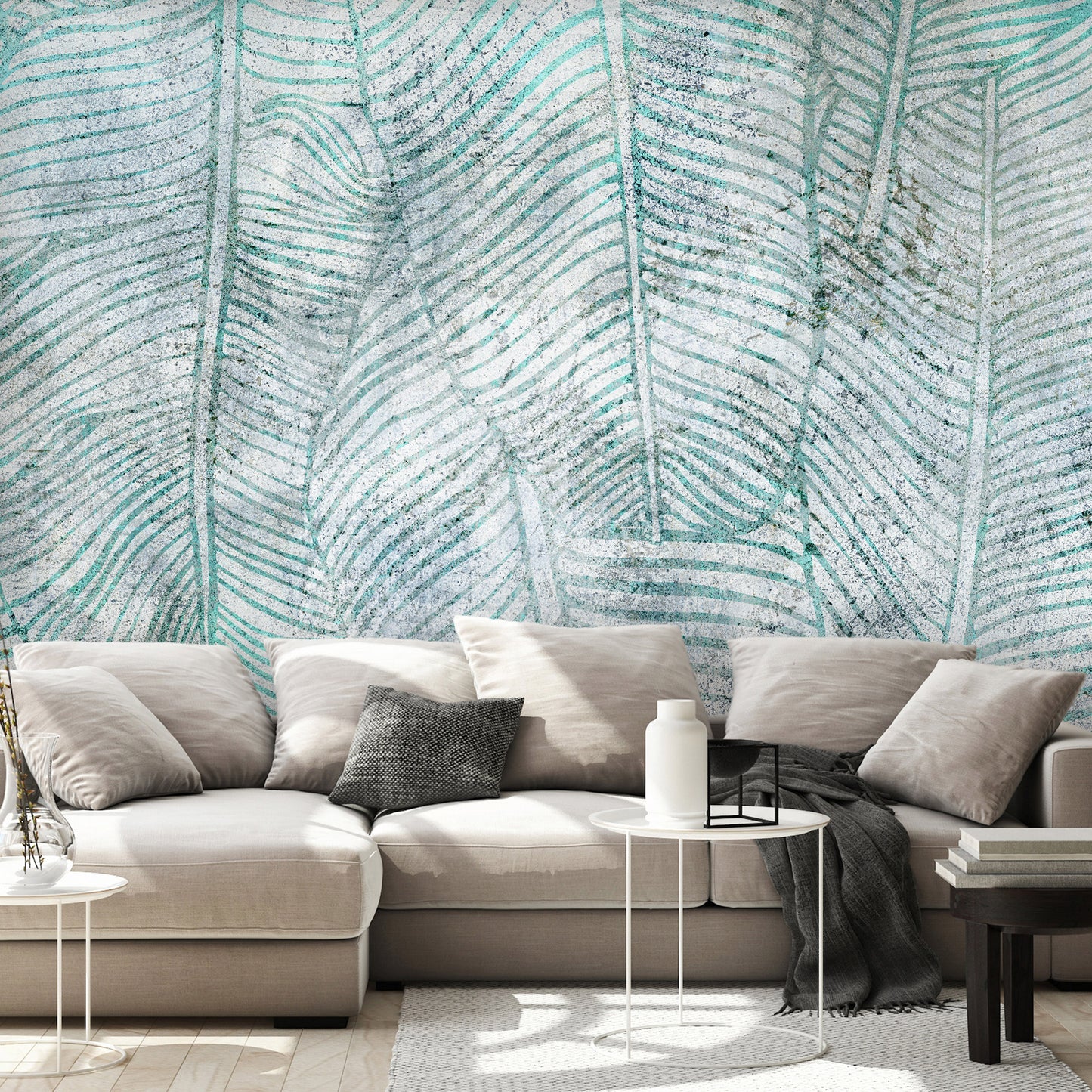 Wall Mural - Banana leaves - plant motif blue lineart nature with pattern