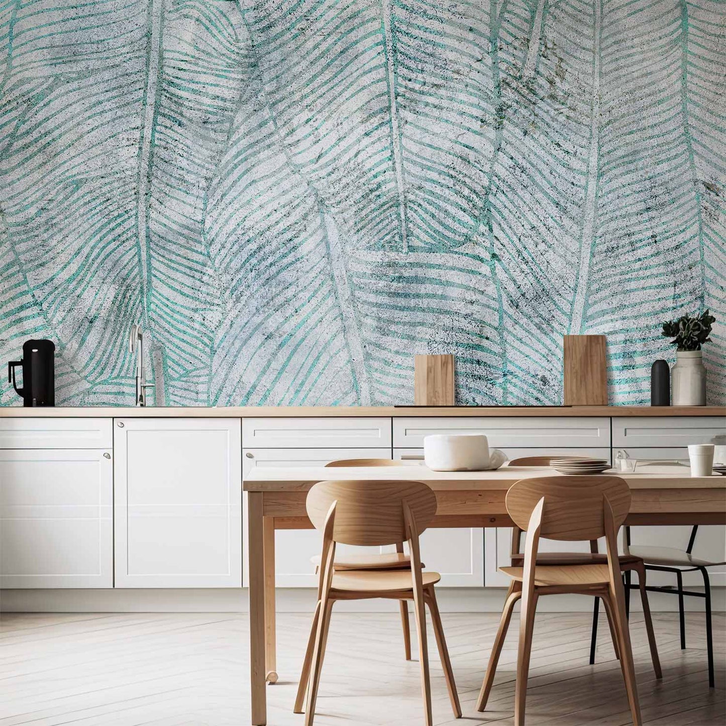 Wall Mural - Banana leaves - plant motif blue lineart nature with pattern