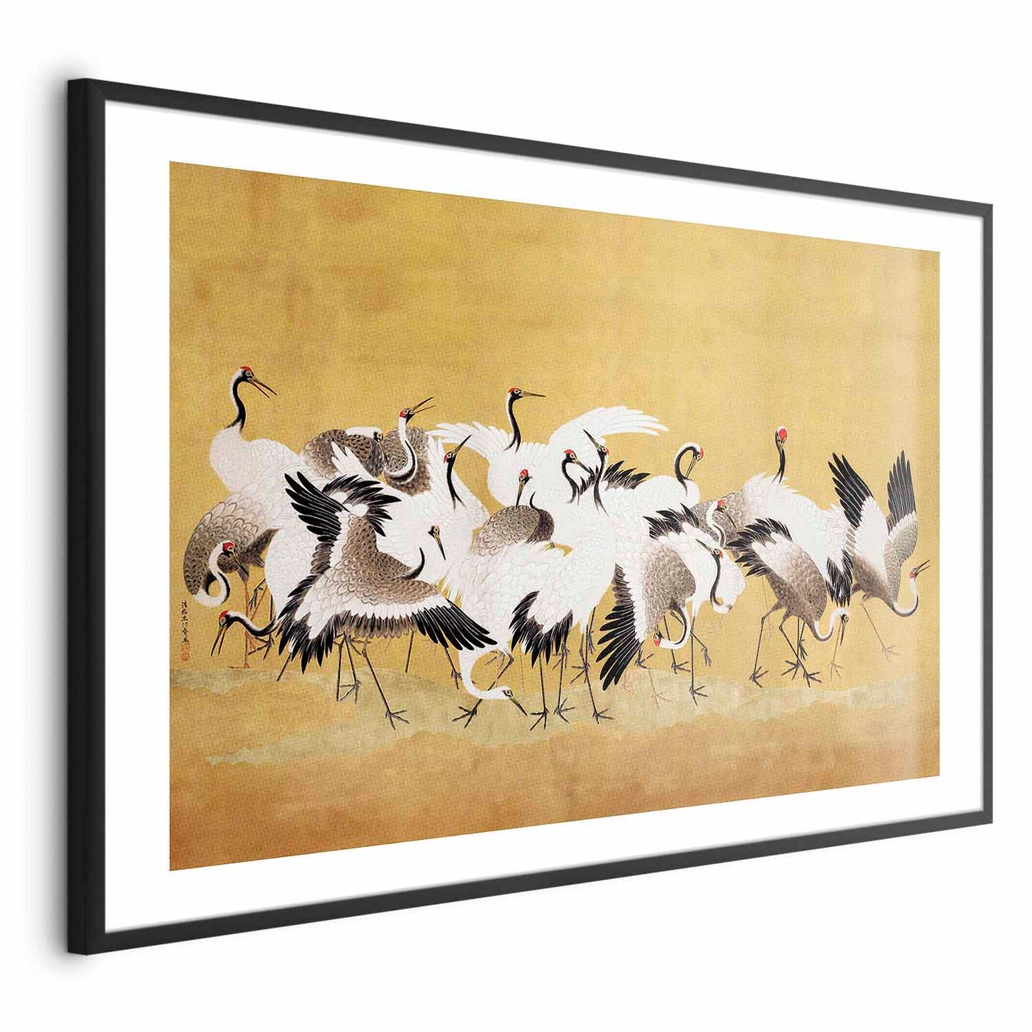 Póster - Grullas japonesas: una bandada de pájaros sobre un fondo dorado, basado en la pintura de Ishida Y_tei