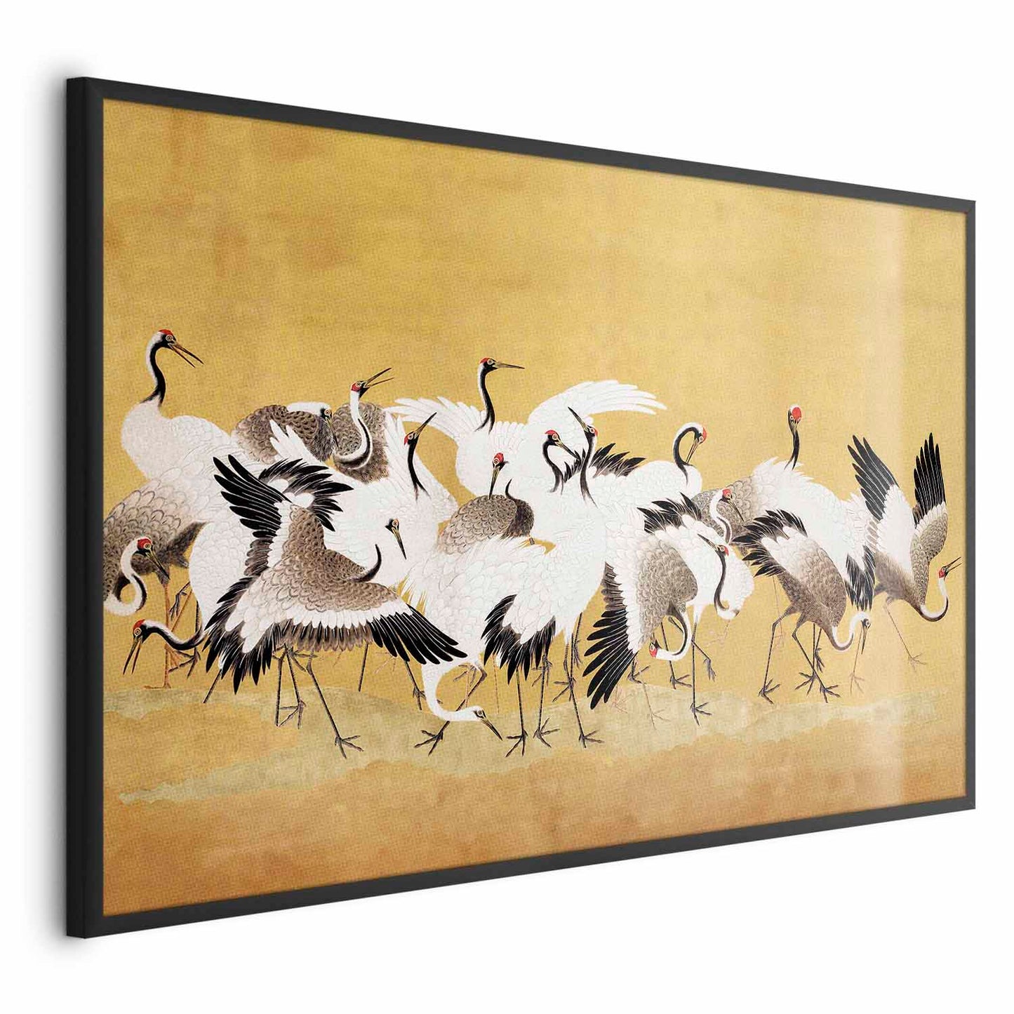 Póster - Grullas japonesas: una bandada de pájaros sobre un fondo dorado, basado en la pintura de Ishida Y_tei
