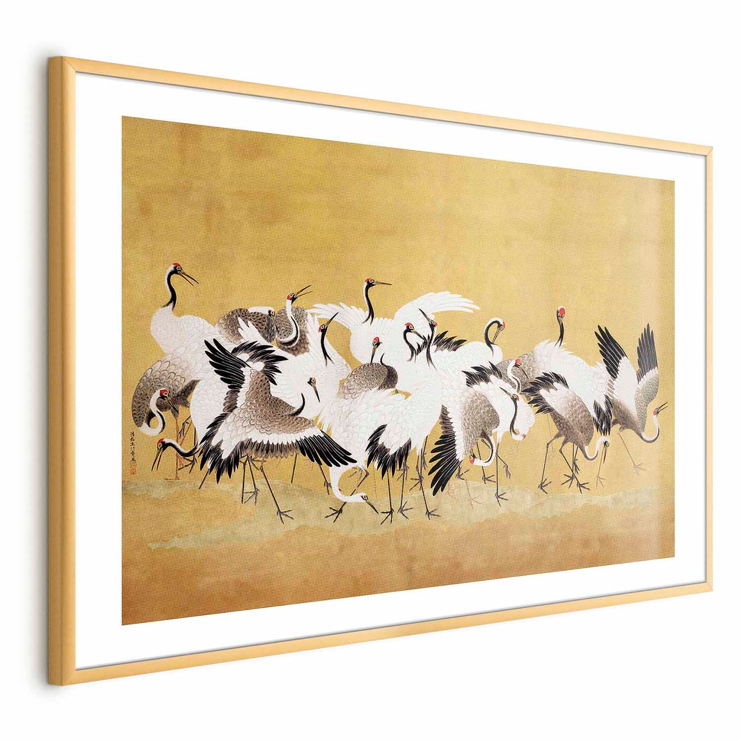 Póster - Grullas japonesas: una bandada de pájaros sobre un fondo dorado, basado en la pintura de Ishida Y_tei