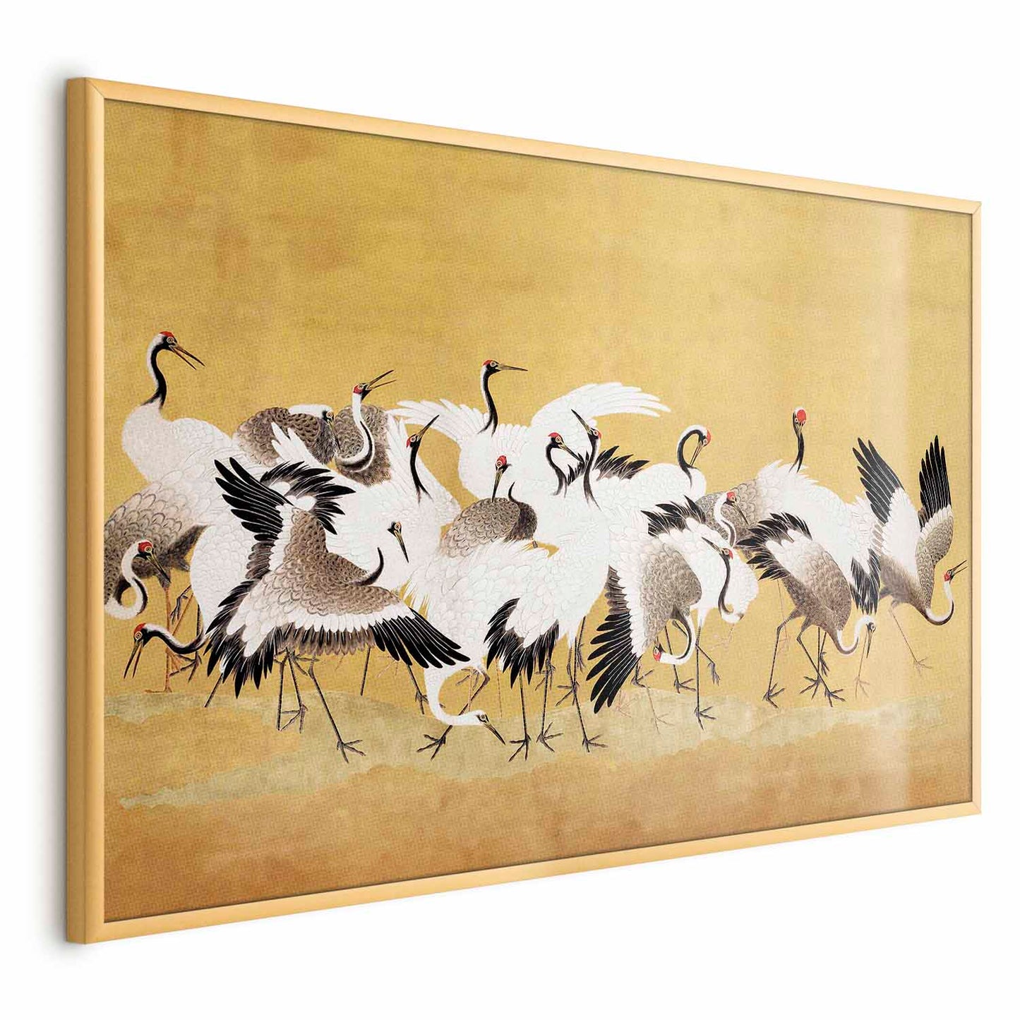 Póster - Grullas japonesas: una bandada de pájaros sobre un fondo dorado, basado en la pintura de Ishida Y_tei
