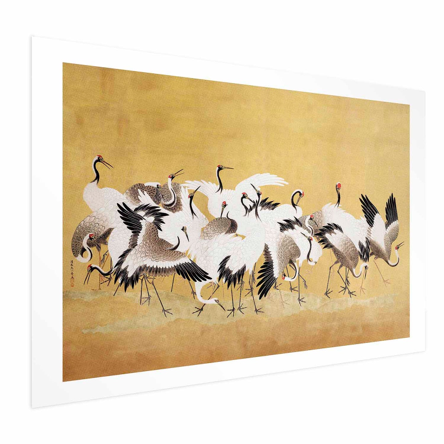 Póster - Grullas japonesas: una bandada de pájaros sobre un fondo dorado, basado en la pintura de Ishida Y_tei
