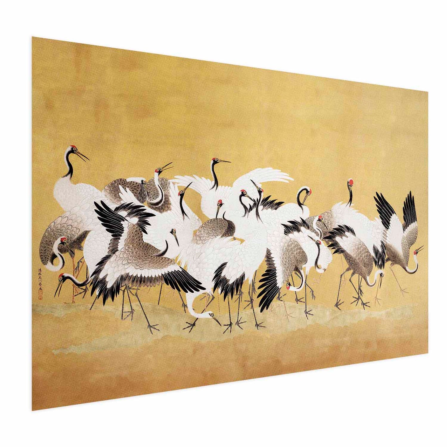 Póster - Grullas japonesas: una bandada de pájaros sobre un fondo dorado, basado en la pintura de Ishida Y_tei
