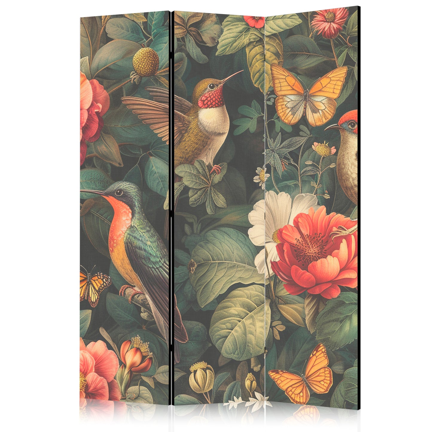 Biombo - En el Jardín Botánico - Flores, Pájaros y Mariposas - Ilustración Colorida