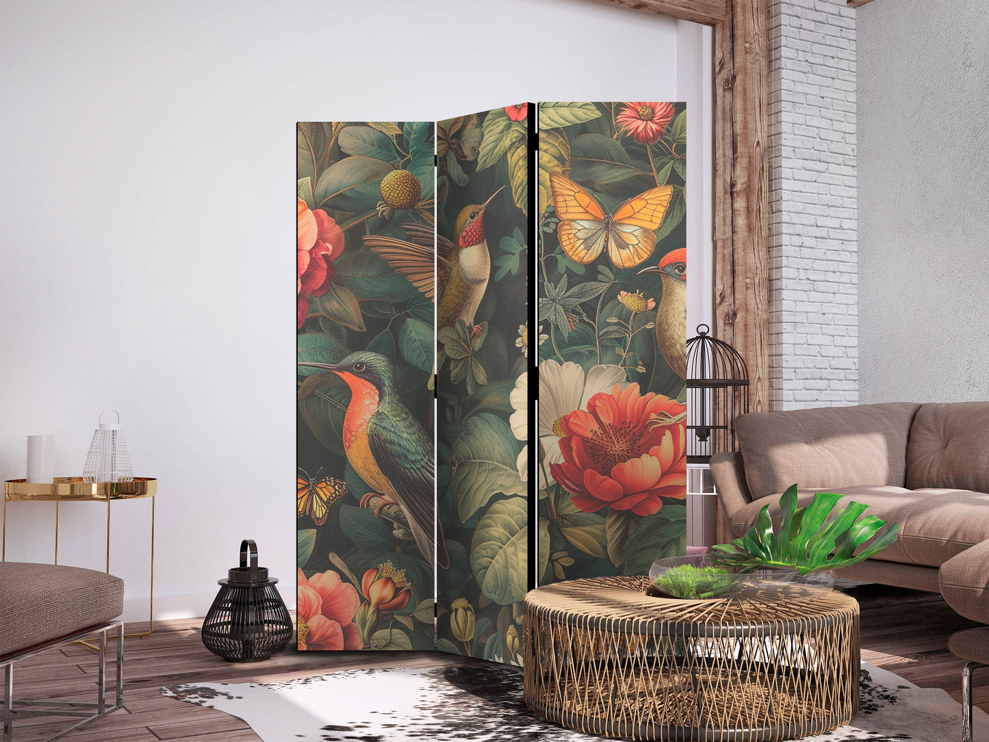 Biombo - En el Jardín Botánico - Flores, Pájaros y Mariposas - Ilustración Colorida