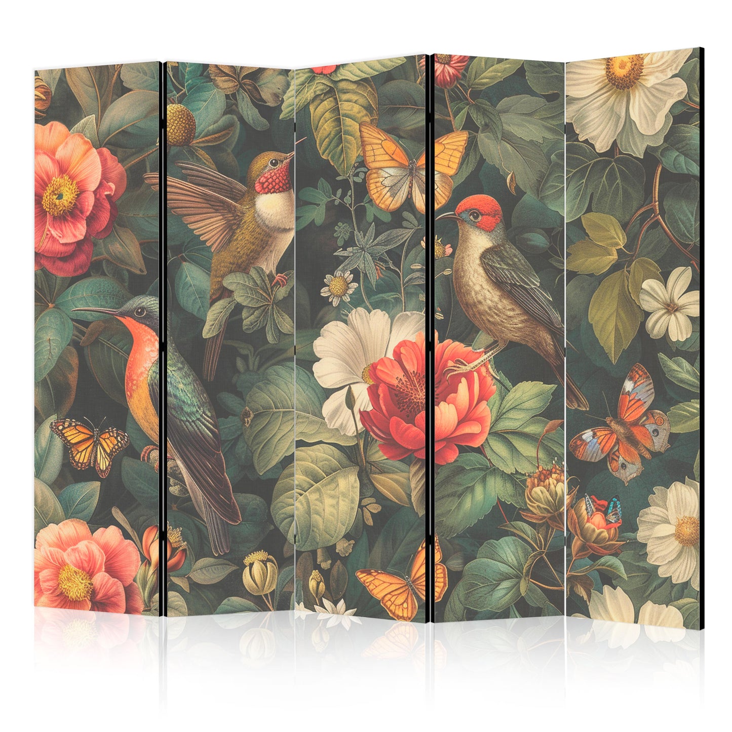 Biombo - En el Jardín Botánico - Flores, Pájaros y Mariposas - Ilustración Colorida