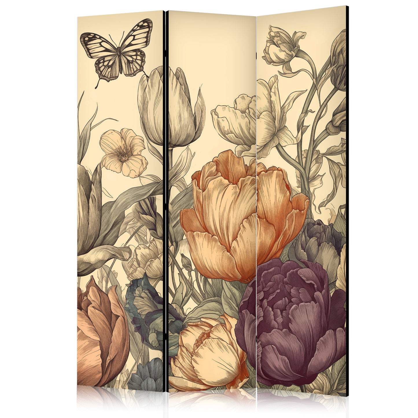 Biombo - Tulipanes color crema - Ilustración de flores y mariposas sobre un fondo claro