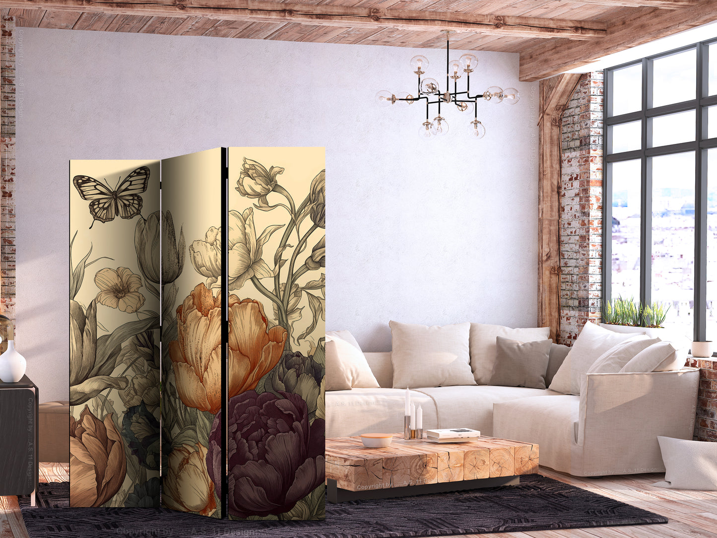 Biombo - Tulipanes color crema - Ilustración de flores y mariposas sobre un fondo claro