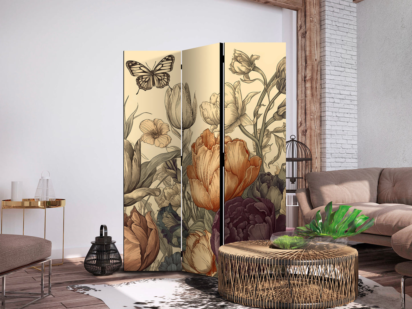 Biombo - Tulipanes color crema - Ilustración de flores y mariposas sobre un fondo claro