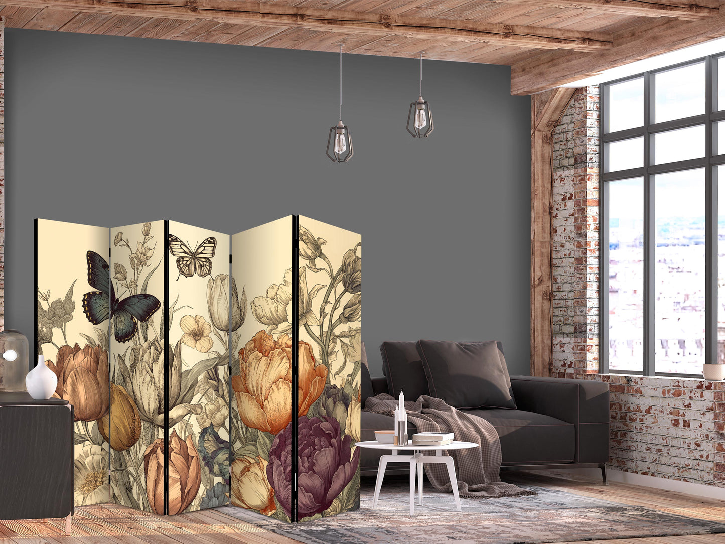 Biombo - Tulipanes color crema - Ilustración de flores y mariposas sobre un fondo claro