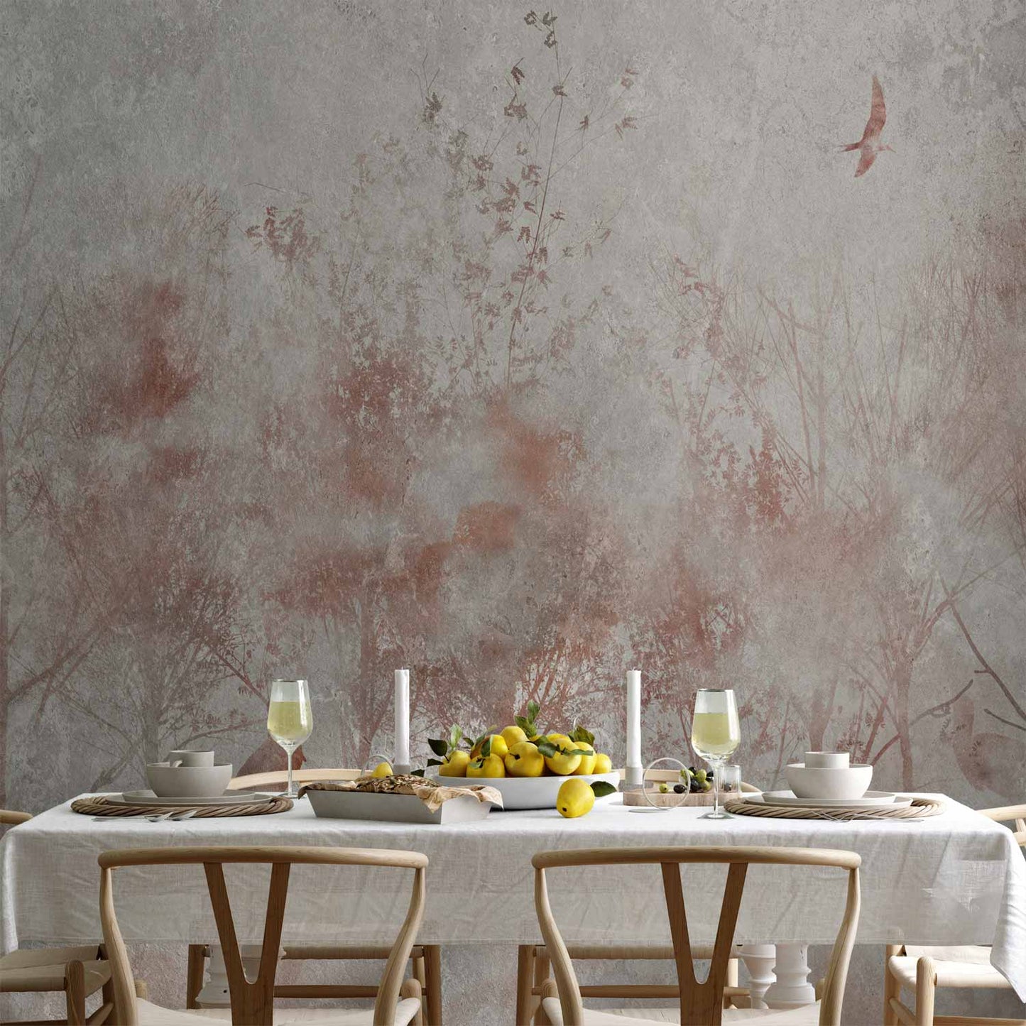 Wall Mural - Autumn landscape - abstract with trees and birds on a textured background