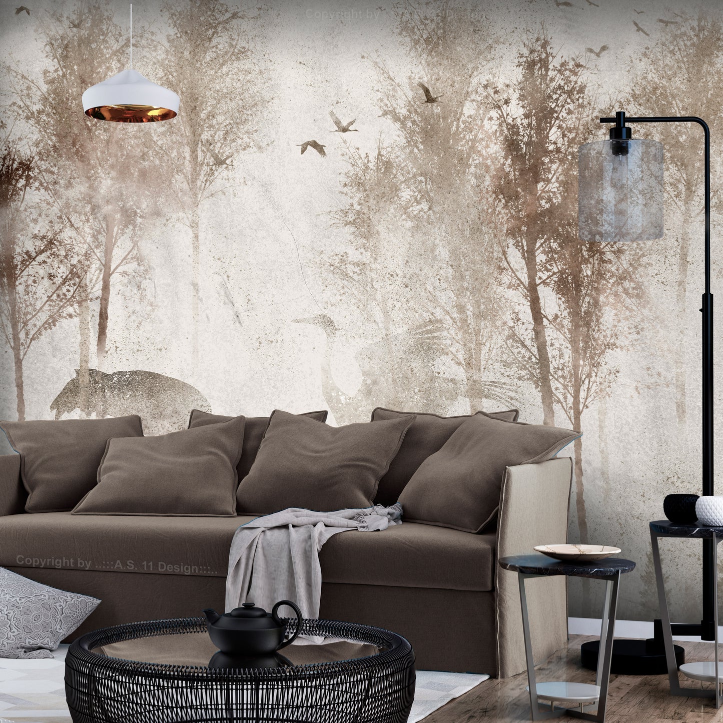 Wall Mural - Among the trees - landscape in grey tones in fog in a clearing with birds