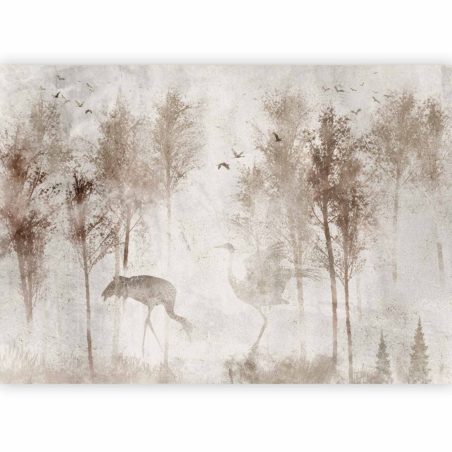 Wall Mural - Among the trees - landscape in grey tones in fog in a clearing with birds