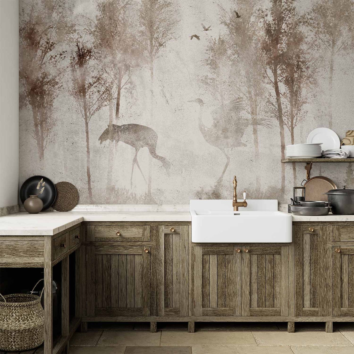 Wall Mural - Among the trees - landscape in grey tones in fog in a clearing with birds