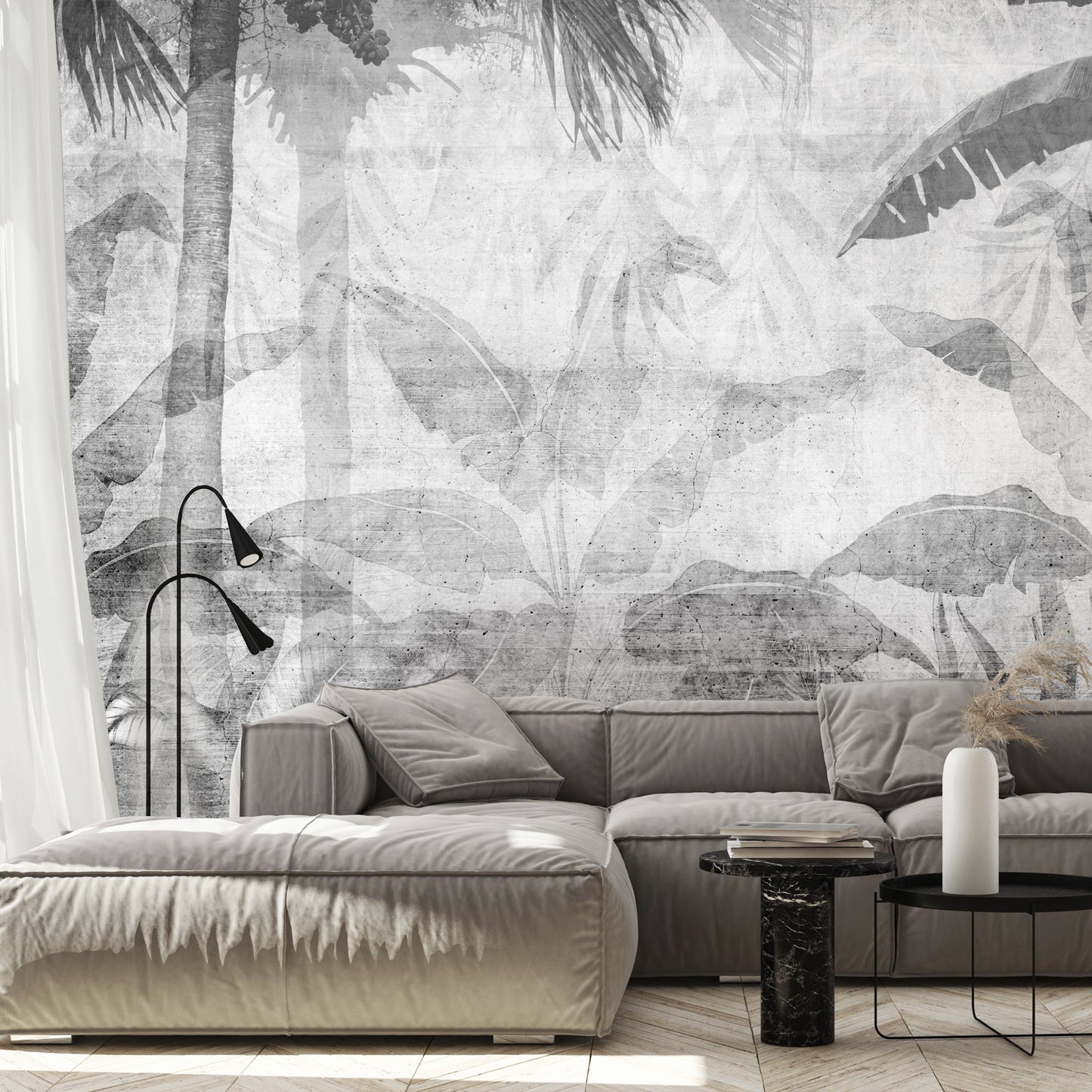 Wall Mural - Vanishing jungle - landscape of exotic trees and leaves in grey tones