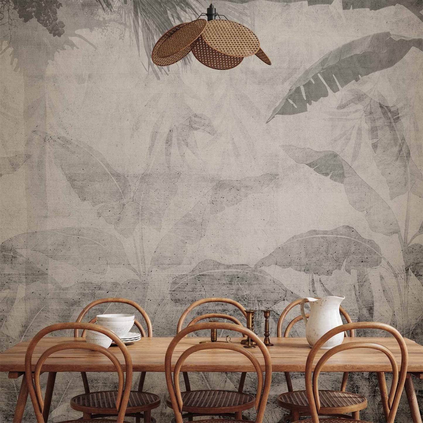 Wall Mural - Vanishing jungle - landscape of exotic trees and leaves in grey tones