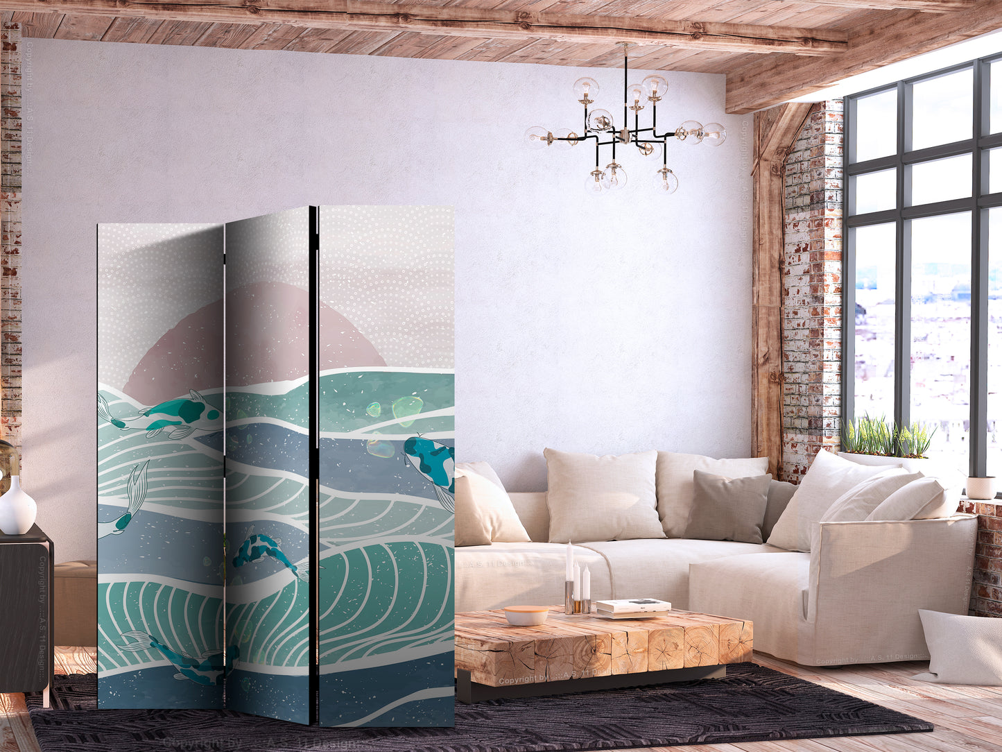 Biombo - Paisaje pintoresco con peces: puesta de sol y peces koi en tonos turquesa y azul, flotando sobre el agua.