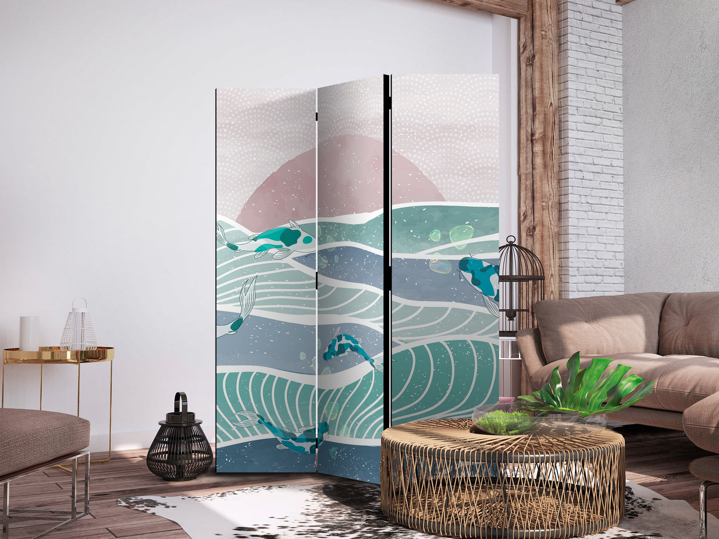 Biombo - Paisaje pintoresco con peces: puesta de sol y peces koi en tonos turquesa y azul, flotando sobre el agua.