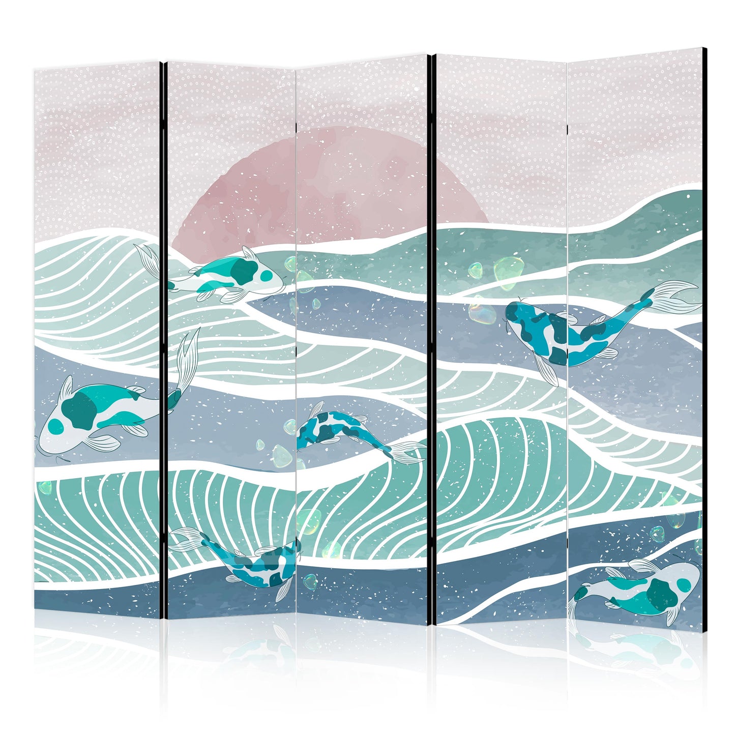 Biombo - Paisaje pintoresco con peces: puesta de sol y peces koi en tonos turquesa y azul, flotando sobre el agua.