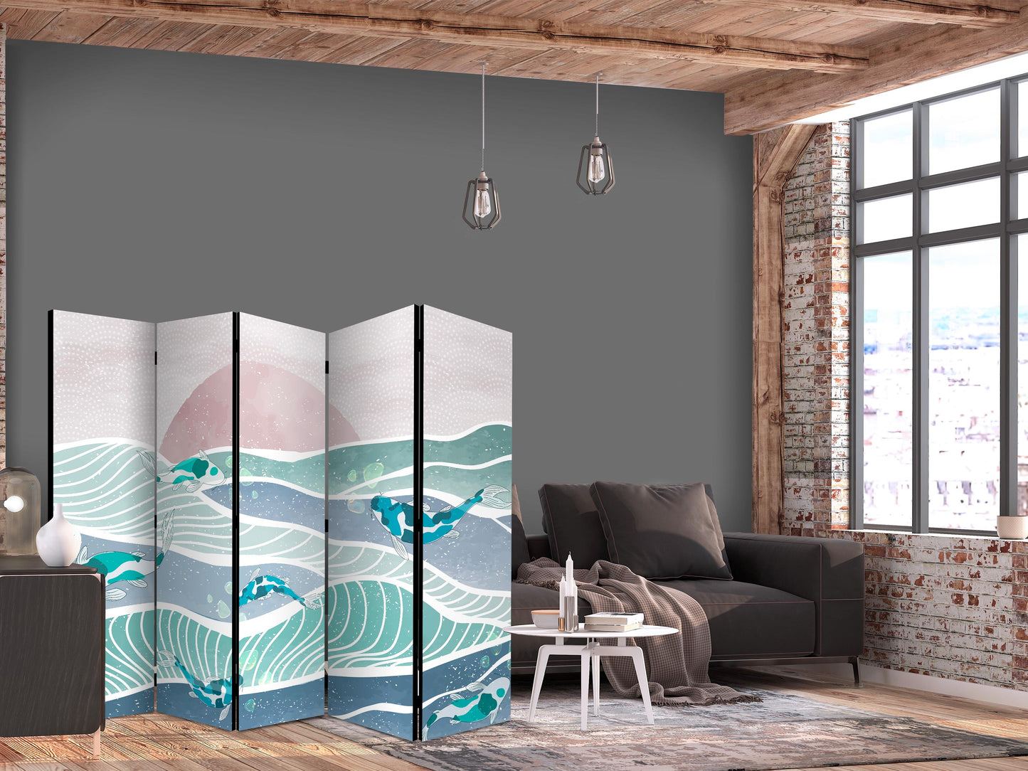 Biombo - Paisaje pintoresco con peces: puesta de sol y peces koi en tonos turquesa y azul, flotando sobre el agua.