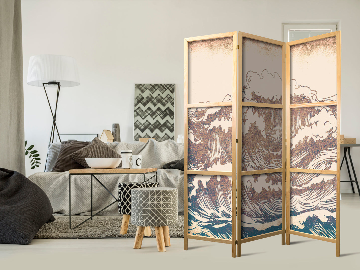 Japanese Room Divider - Turbulent Ocean - High Waves in Brown and Navy on a Beige Background in Vintage Style