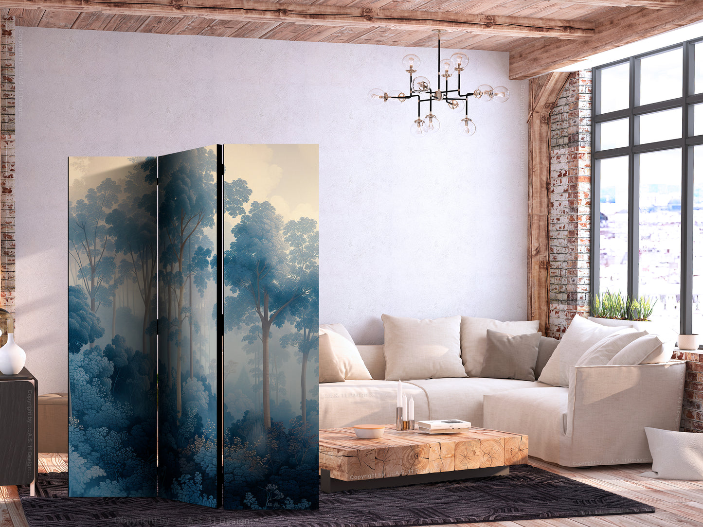 Room Divider - Landscape With Trees in Illustration Style. Fairy Blue Forest
