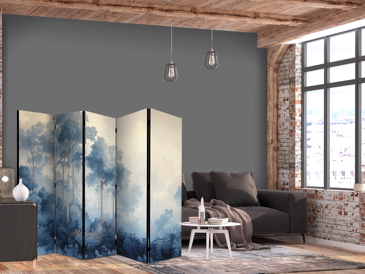 Room Divider - Landscape With Trees in Illustration Style. Fairy Blue Forest